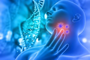 3D render of a medical background with male figure holding throat in pain with virus cells